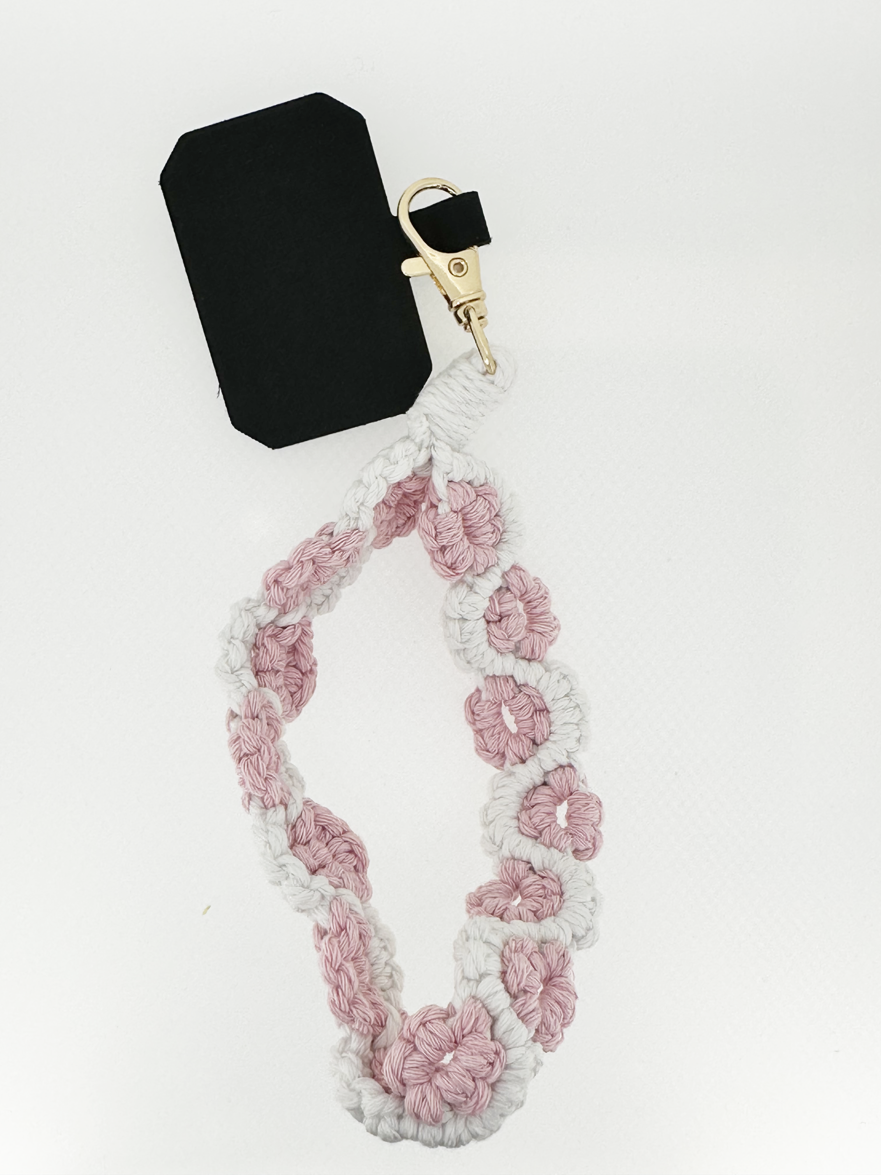 Bracciale porta telefono uncinetto rosa e bianco