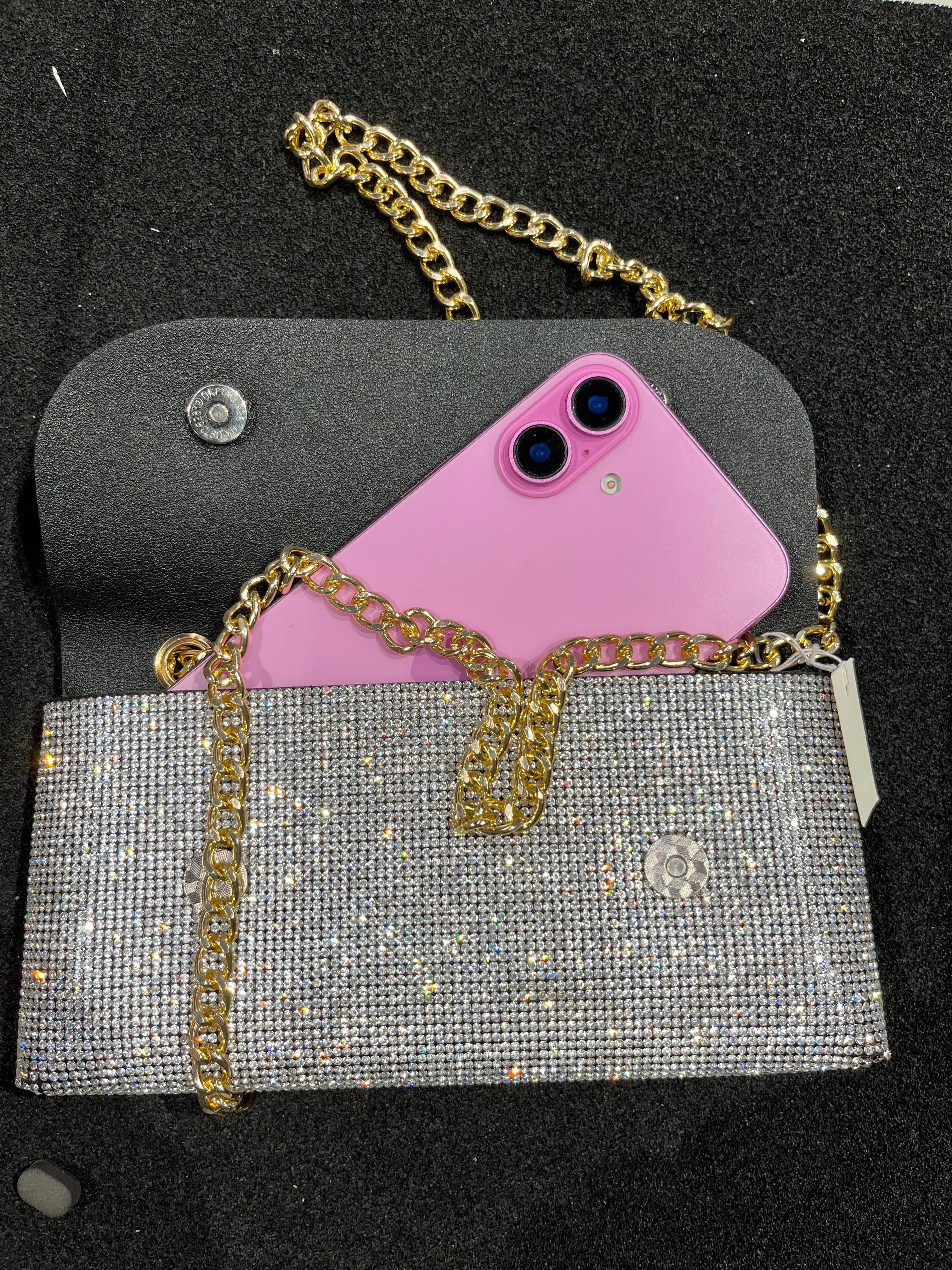 Pochette porta telefono con strass bianca